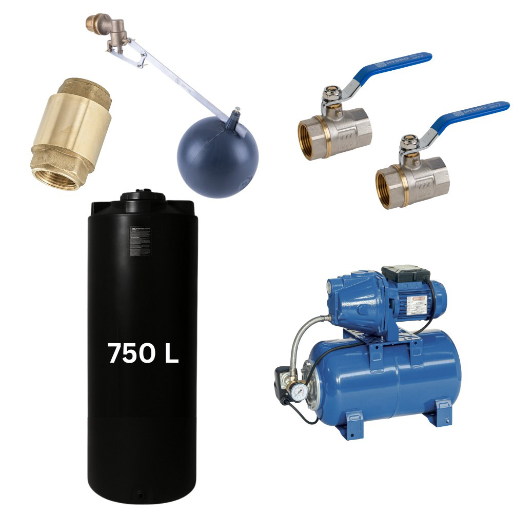 Kit „Drinking water 750L“ with water tank Mavil (black, cylindrical) and hydrophore pump Speroni | Drinking water storage tanks / Potable water tanks |  |