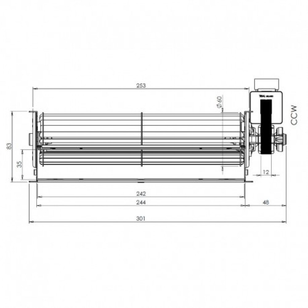 Tangential fan Trial for pellet stoves Caminetti Montegrappa, Palazzetti, Edilkamin, Anselmo Cola and others, Ø60 mm, Flow 200 m³/h | Fans and Blowers for Pellet Stoves | Pellet Stove Parts |