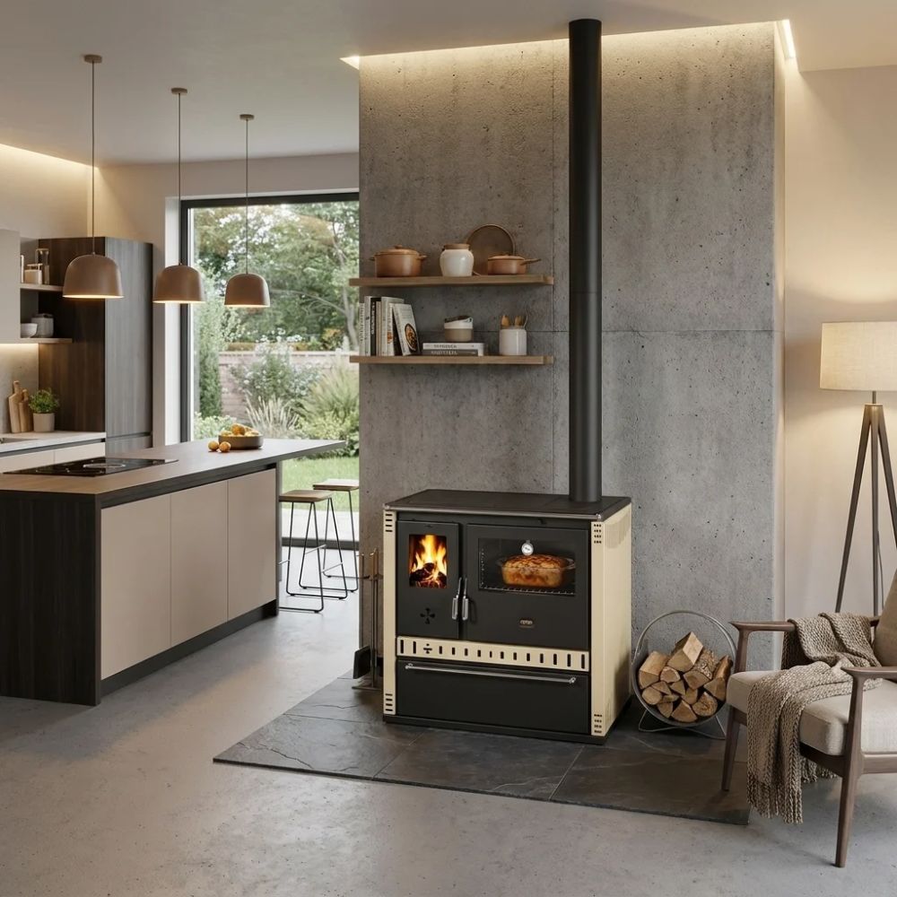 Wood Cooker Stove with Back Boiler Prity GT W10 NF with Ceramic Glass Hob, Ivory, 13.3kW | Wood Stoves With Back Boiler Prity | Prity |