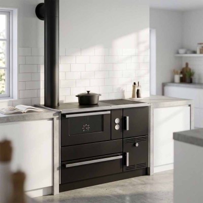 Wood cooker stove with back boiler Alfa Plam Alfa Term 35 Anthracite Left, 32kW - Alfa-Plam