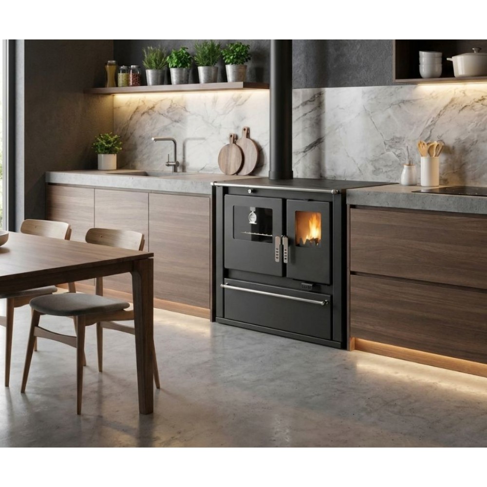 Wood cooker stove Verso CS Plus with steel oven and steel top, Black, Left, 7.7kW | Wood Burning Stoves With Oven | Wood Burning Stoves |