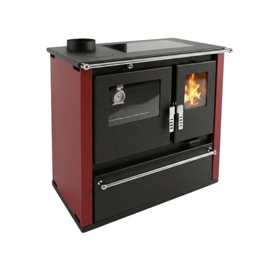 Wood cooker stove Verso CS Plus with stainless steel oven and ceramic top, Red, Left, 7.7kW