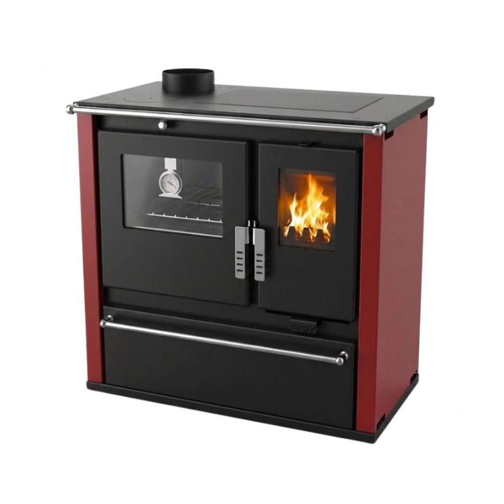 Wood cooker stove Verso CS Plus with stainless steel oven and steel top, Red, Left, 7.7kW