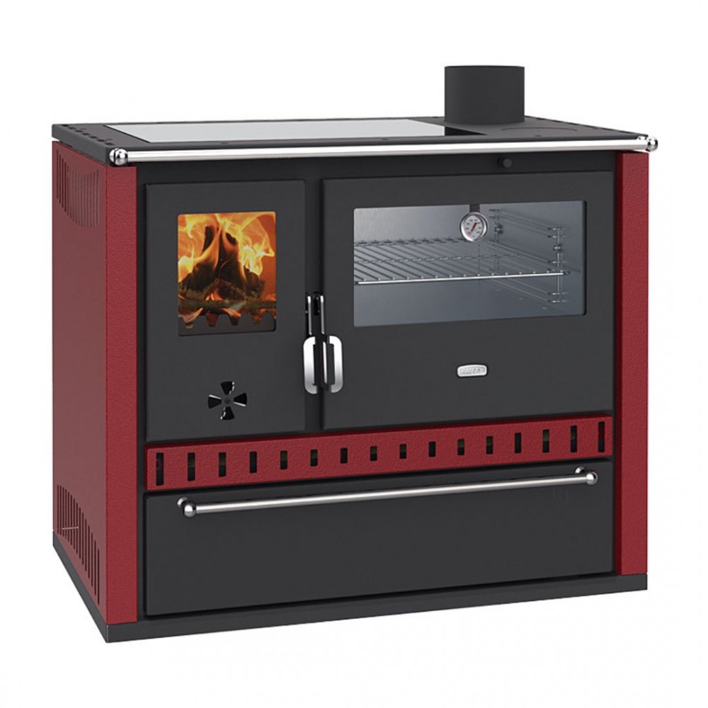 Wood cooker stove with back boiler Prity GT W10 Red, with stainless steel oven, glass ceramic hob and drawer, 9.6kW | Wood Burning Stoves With Oven | Wood Burning Stoves |