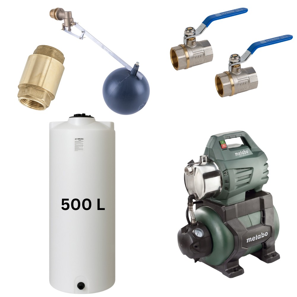 Kit „Drinking water 500L“ with water tank Mavil (white, cylindrical) and hydrophore pump Metabo | Drinking water storage tanks / Potable water tanks |  |