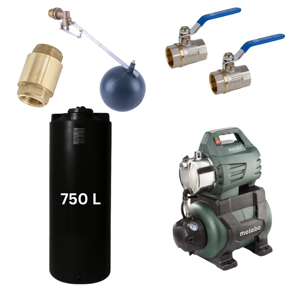 Kit „Drinking water 750L“ with water tank Mavil (black, cylindrical) and hydrophore pump Metabo | Drinking water storage tanks / Potable water tanks |  |