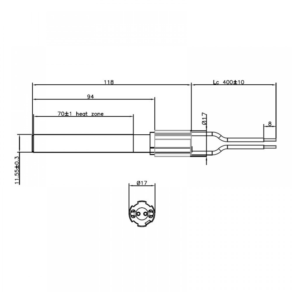 Керамична запалка / нагревател с фланец за пелетна камина, Ø11.55mm/118mm/280W (14701115) |  |  |
