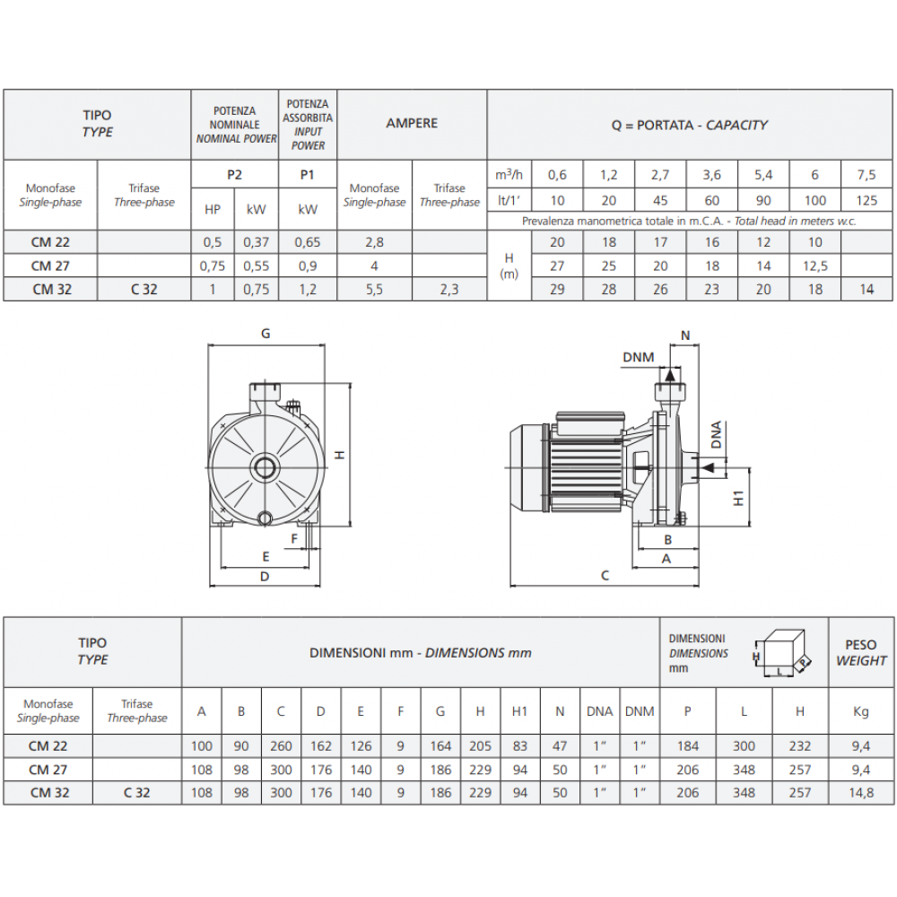 Single-phase centrifugal pump Speroni CM 27 – power 0.55 kW, head 27 m, flow rate 100 l/min |  |  |