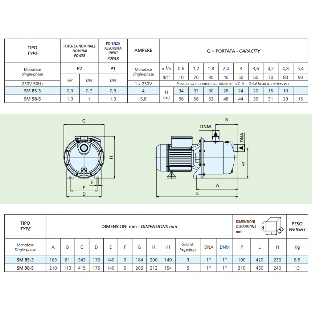 Centrifugal self-priming pump Speroni SM 98-5, multistage – power 1 kW, head 58 m, flow rate 90 l/min | Centrifugal Pumps | Water Pumps |