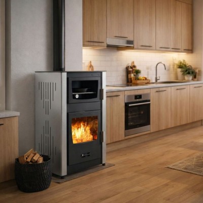 Wood burning stove with back boiler and oven Velmora Fire ATS HYDRO ΜΑSΙΝΑ 90-25 grey, 25kW - Product Comparison