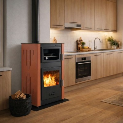 Wood burning stove with back boiler and oven Velmora Fire ATS HYDRO ΜΑSΙΝΑ 90-25 terracotta, 25kW - Product Comparison