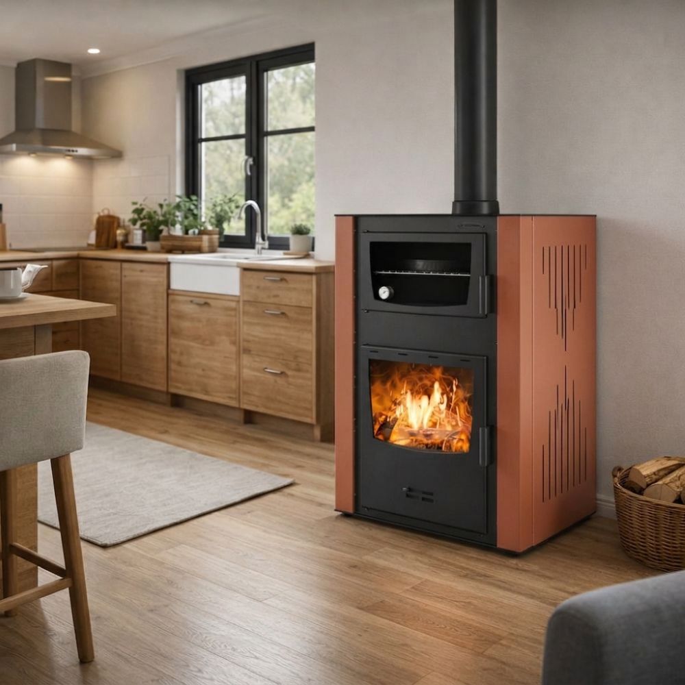 Wood burning stove with back boiler and oven Velmora Fire ATS HYDRO ΜΑSΙΝΑ 90-30 terracotta, 35kW | Wood Burning Stoves With Oven | Wood Burning Stoves |