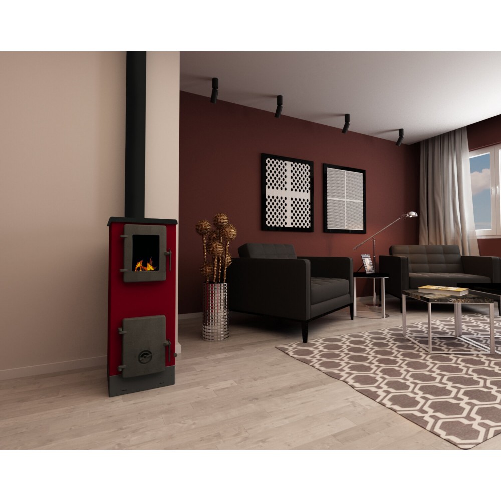 Wood burning stove with cast iron door Alfa Plam Vulkan S 4kW Red, Log | Cast Iron Wood Burning Stoves | Wood Burning Stoves |