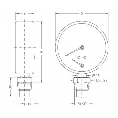 Axial thermomanometer Cewal, Bottom connection - Plumbing