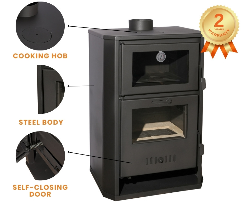 Wood-burning fireplace with oven and water jacket