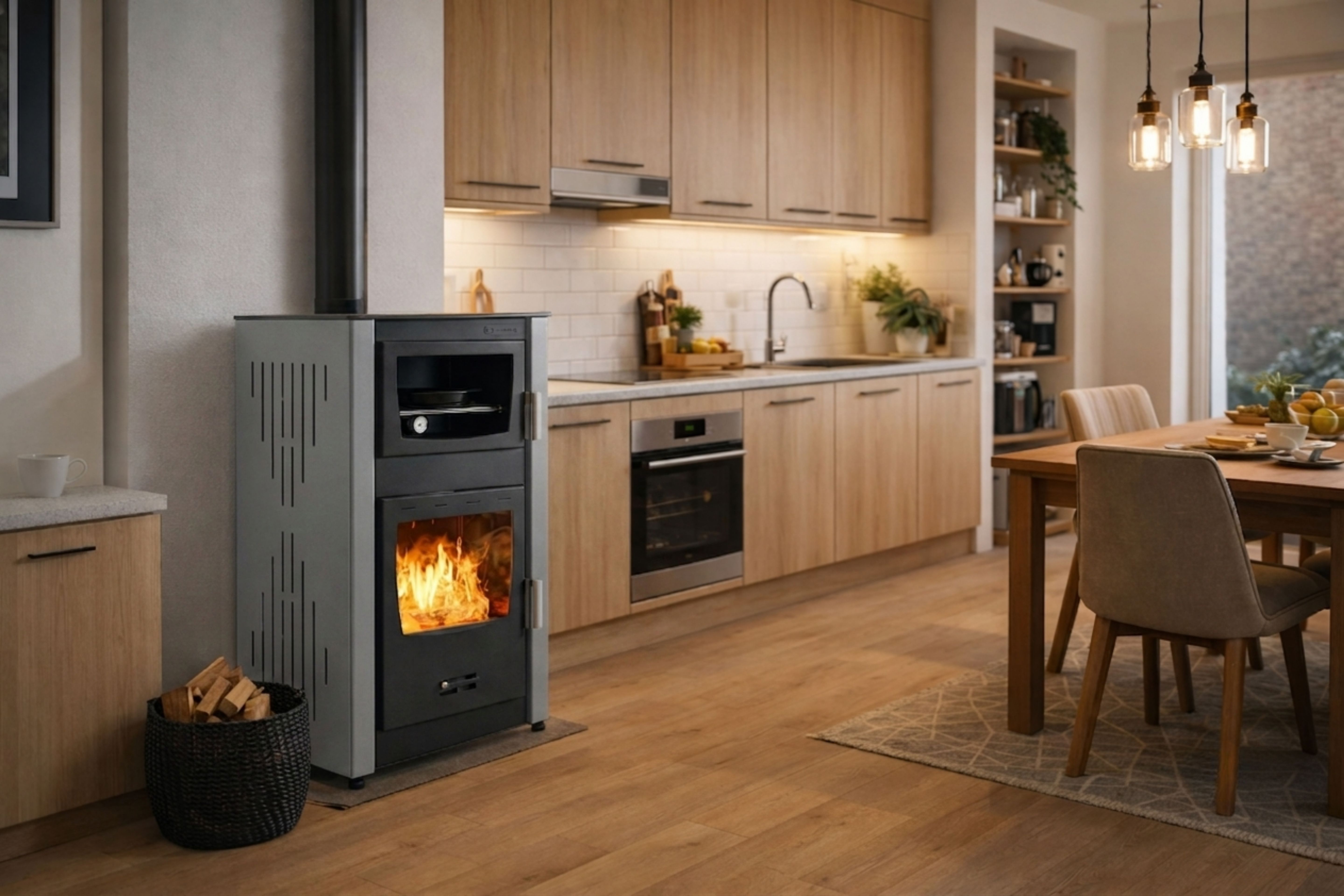 Wood-burning fireplace with oven and water jacket