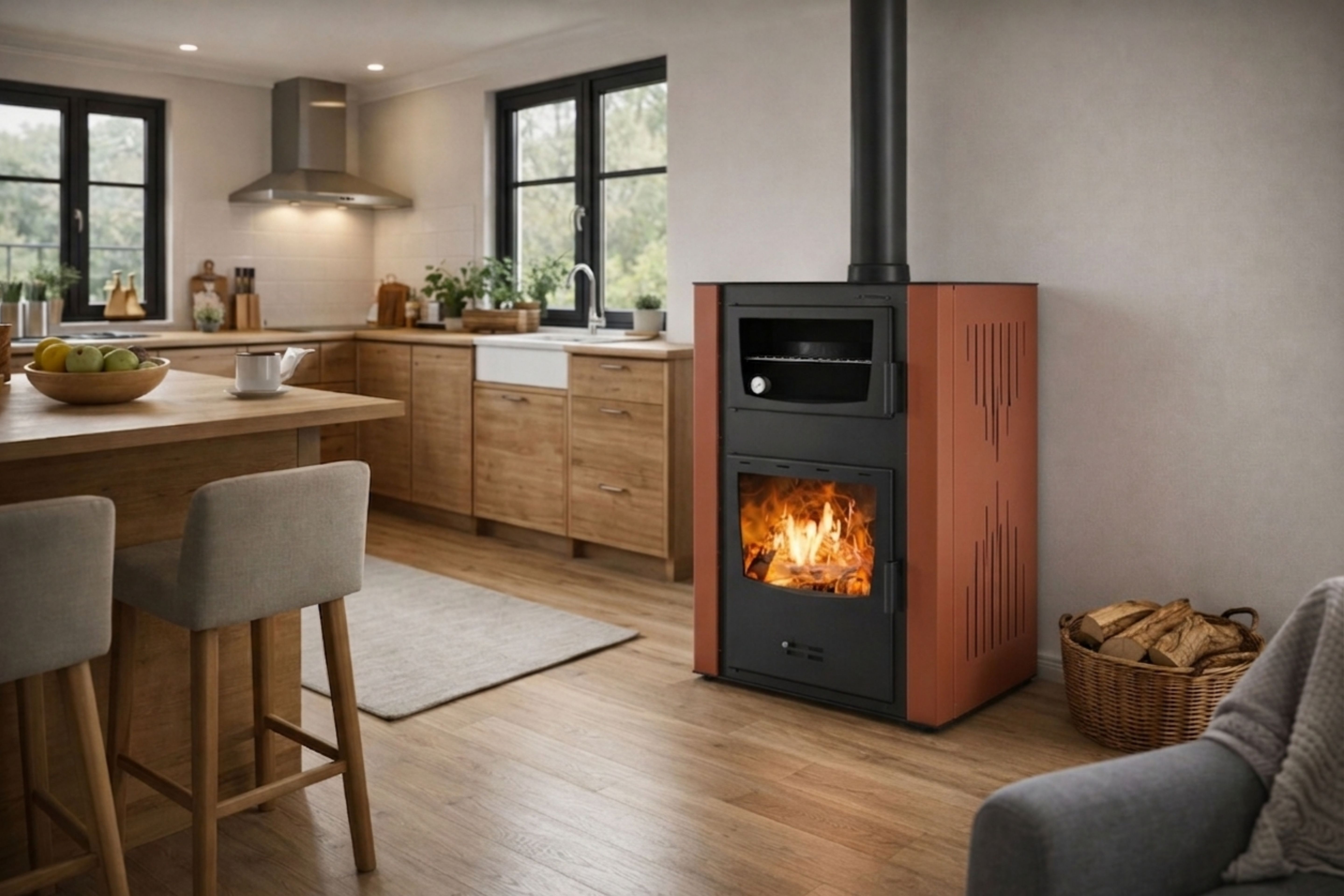 Wood-burning fireplace with oven and water jacket